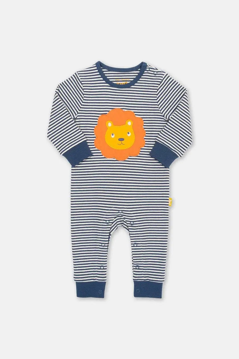 Kite Lionheart baby romper in navy and cream stripe organic cotton with lion face applique