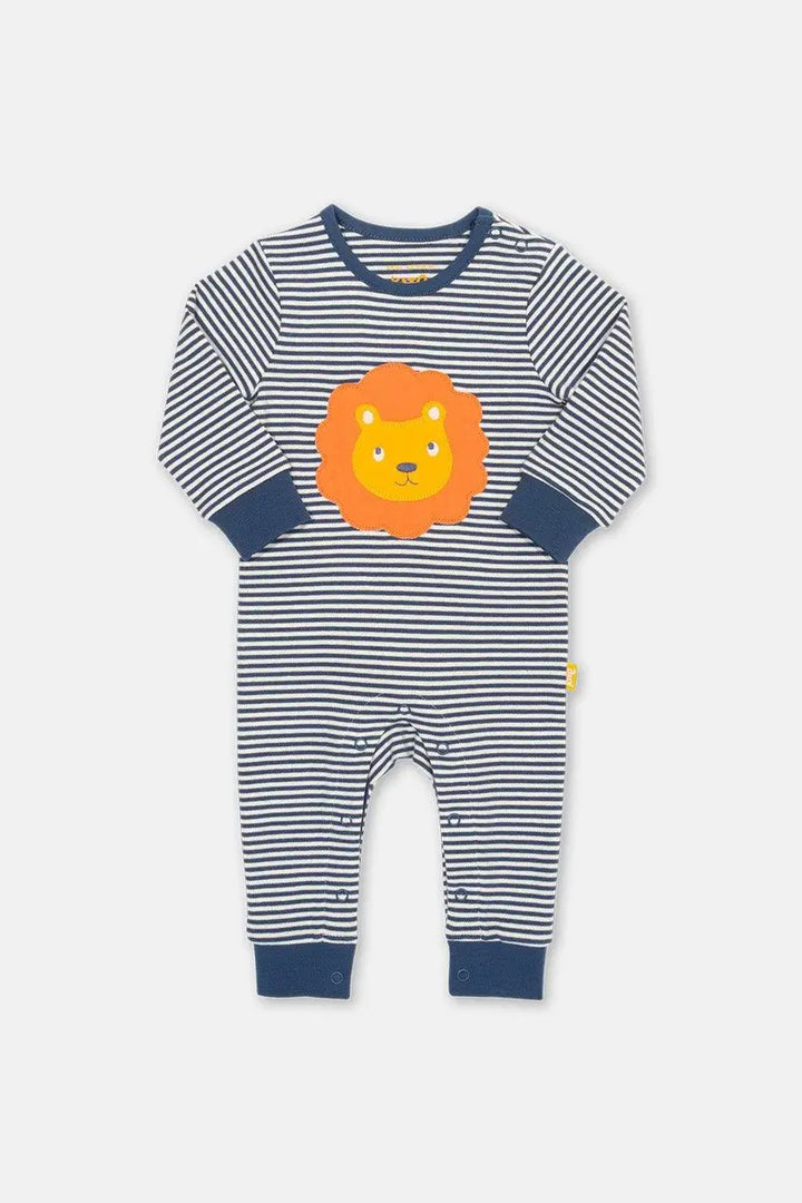 Kite Lionheart baby romper in navy and cream stripe organic cotton with lion face applique