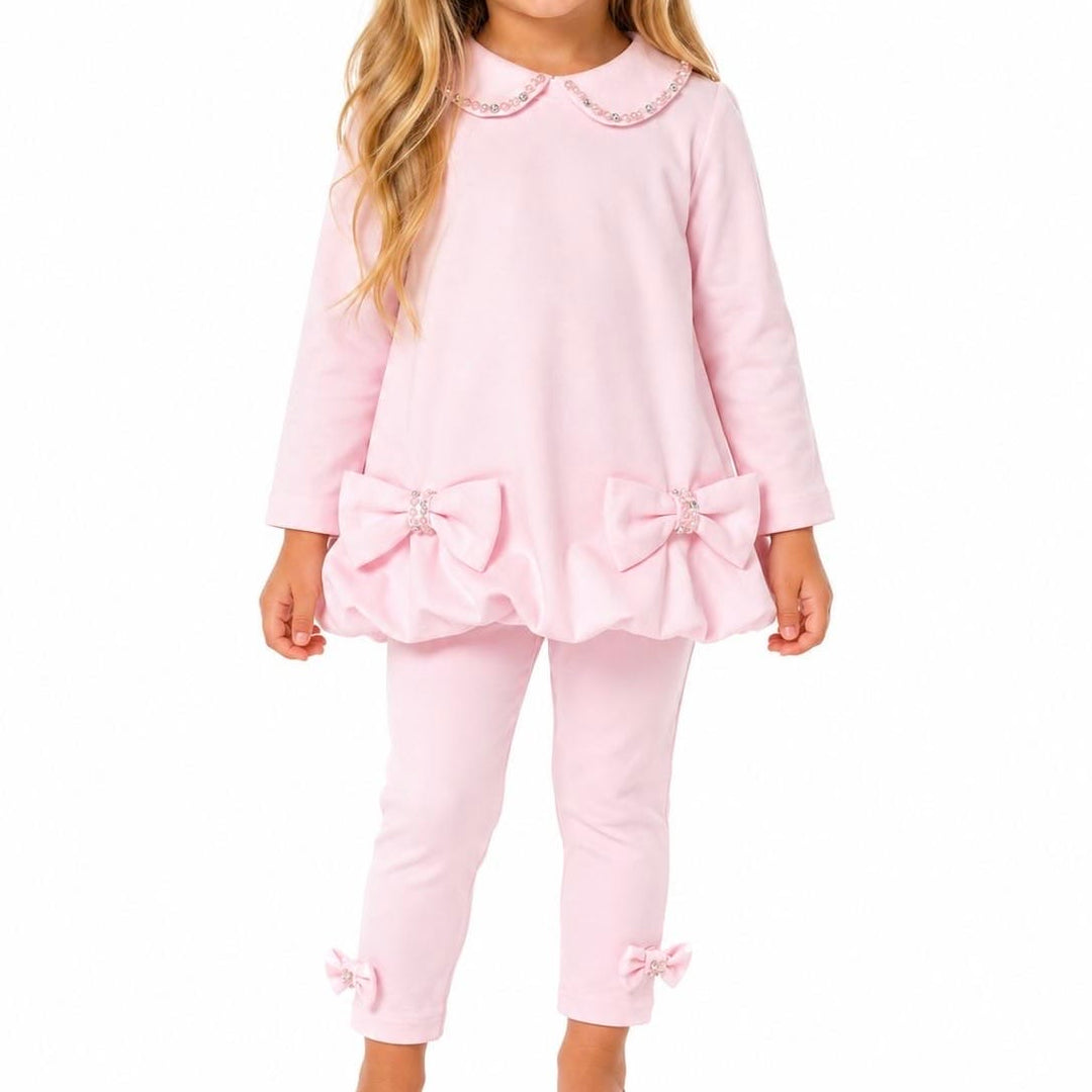 Bimbalò Puffball Hem Dress with Beaded Collar and Bows & Leggings Set - Pale Pink
