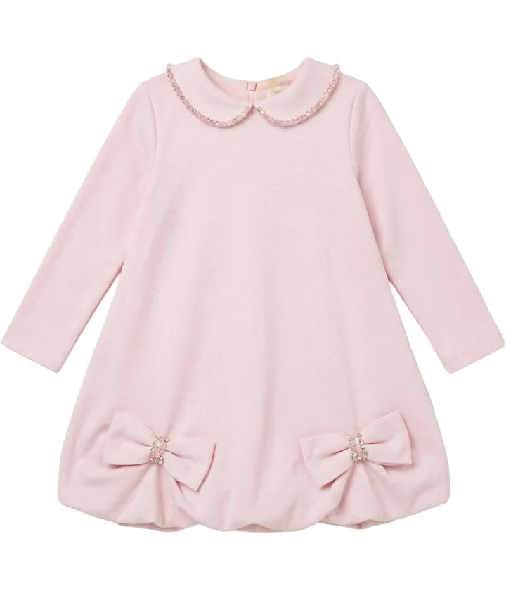 Bimbalò Girls Puffball Hem Dress with Beaded Collar and Bows - Pale Pink