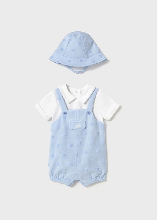 Mayoral Sky Blue Baby Dungaree Romper with Bonnet Hat 1605